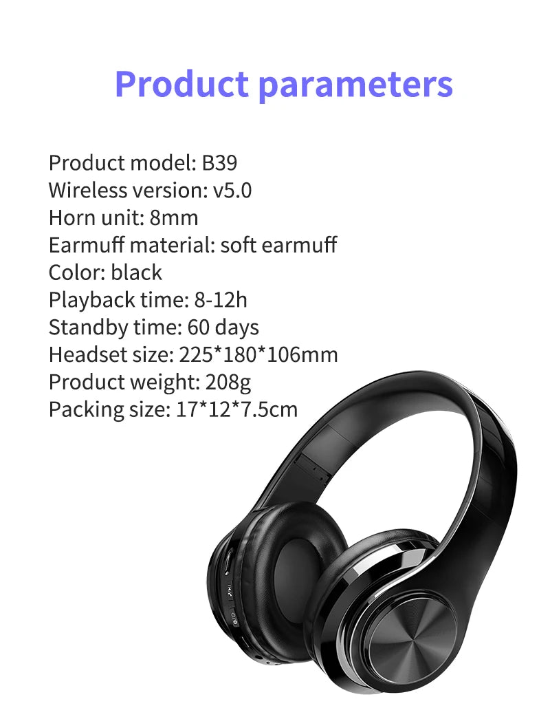 Wireless Bluetooth 5.0 Headphone With Microphone On-Ear Headset Stereo Sound Earphones Sports Gaming Foldable Headphones